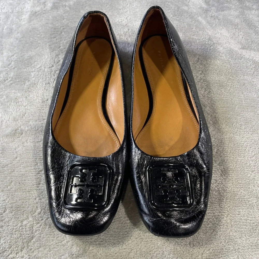 Tory Burch Claire Ballet Flats Womens‎ 9.5 Black Leather Square Toe Enamel Logo